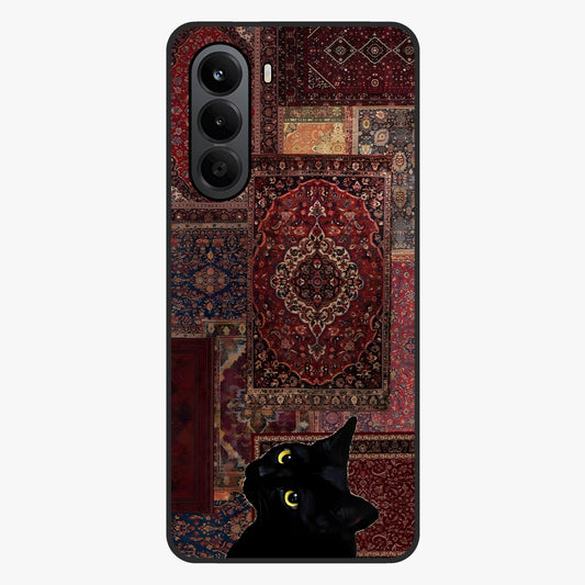 Regal Magic Cat Apple Glass Case showing flat back view with magical cat artwork holding apple and glossy glass finish.