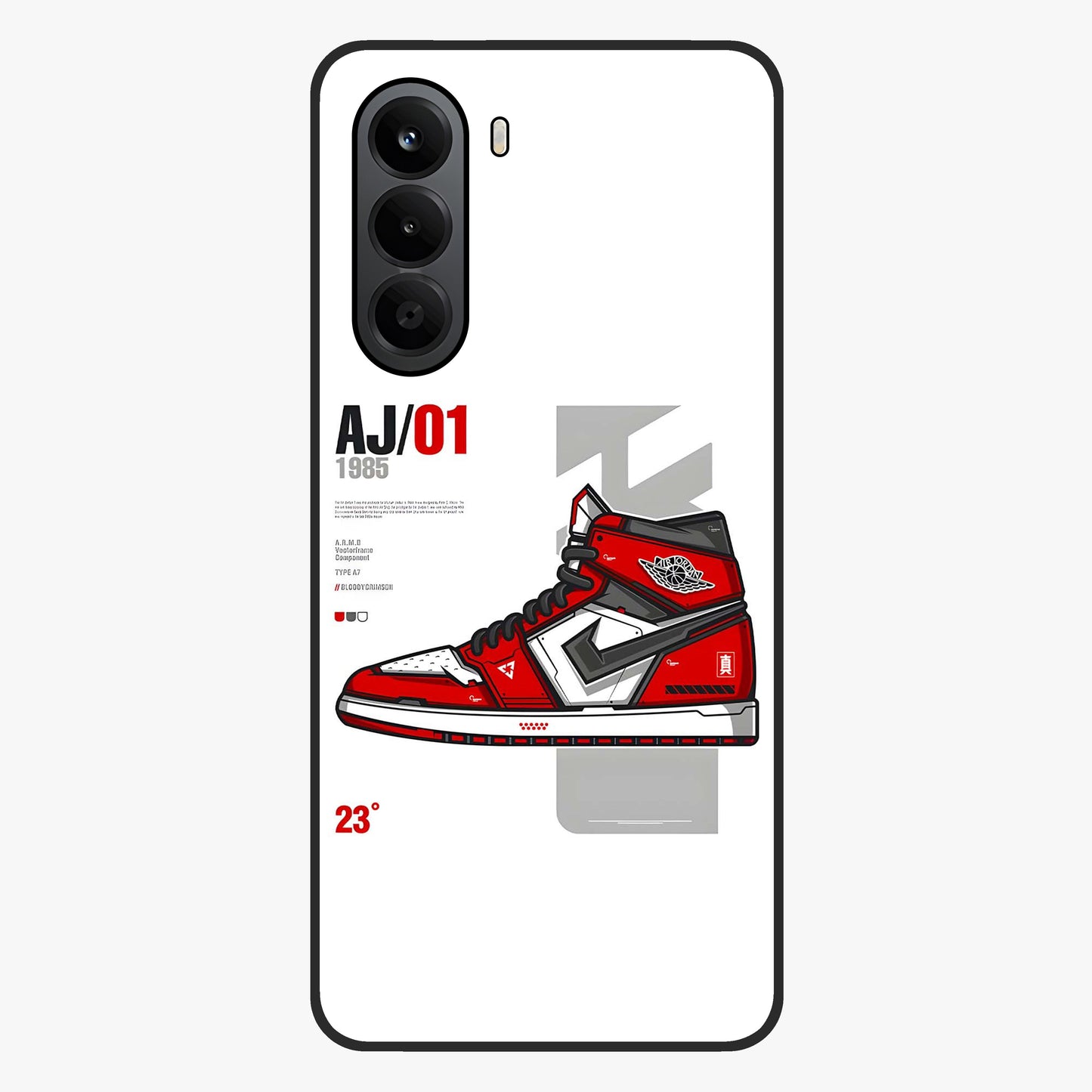Retro Sneaker Blueprint Glass Case showing flat back view with sneaker blueprint style artwork and glossy glass finish.