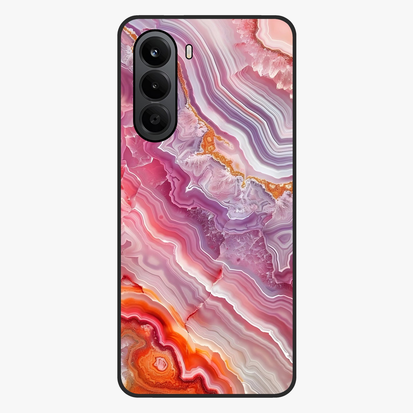 Rose Quartz Marble Glass Case showing flat back view with pink marble quartz texture artwork and glossy glass finish.