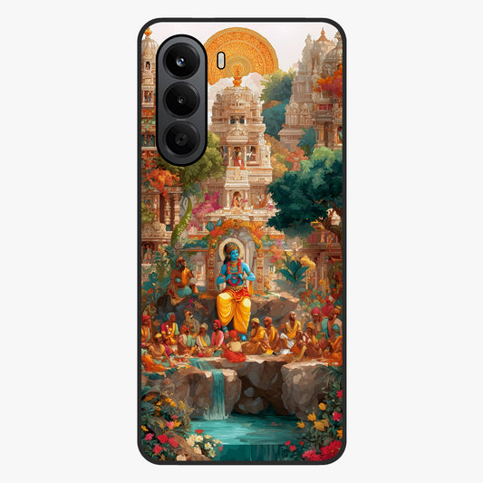 Sacred Sunlight Gods Glass Case showing flat back view with divine sunlight themed artwork and glossy glass finish.