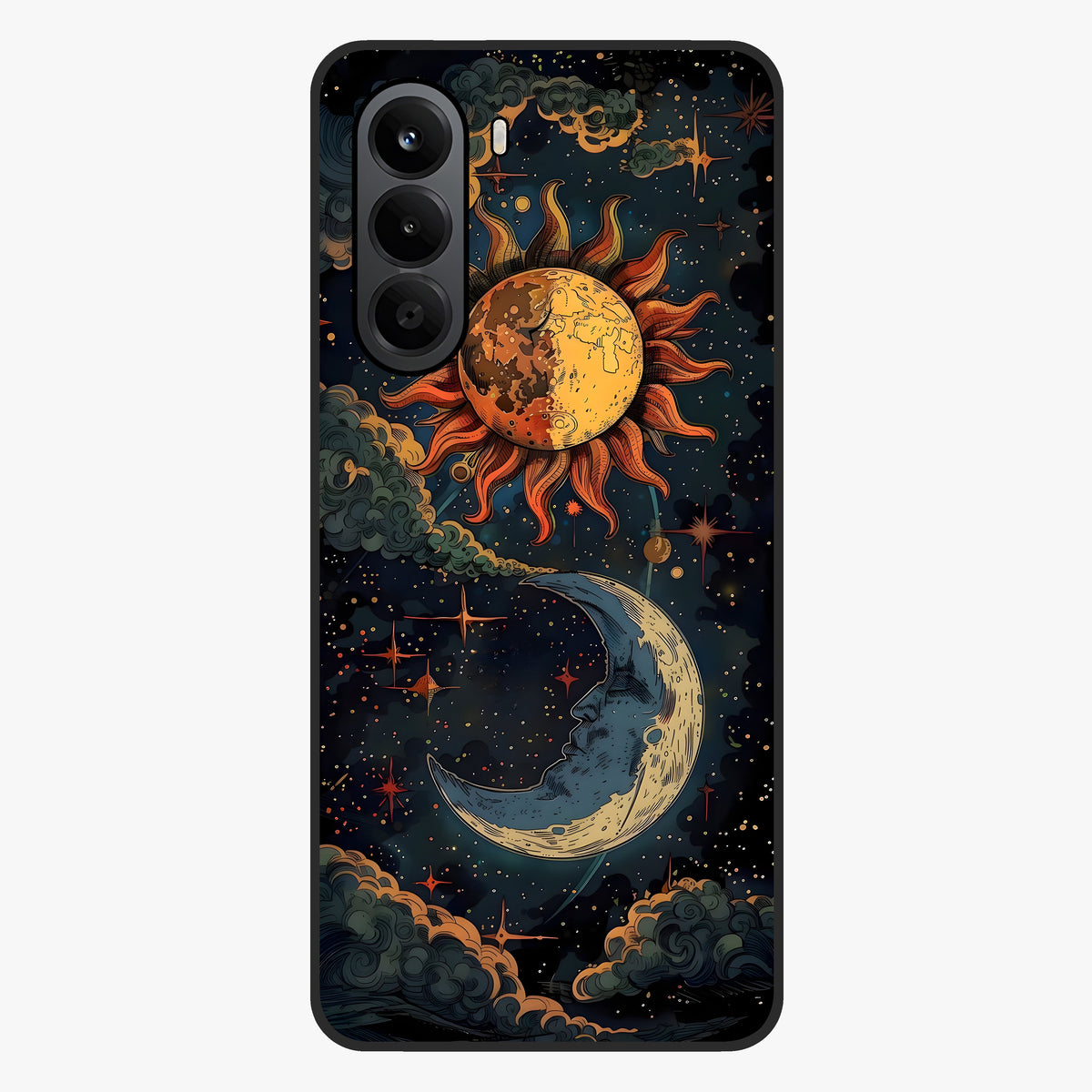 Sun And Moon Magic Design Glass Case showing flat back view with mystical sun and moon artwork and glossy glass finish.