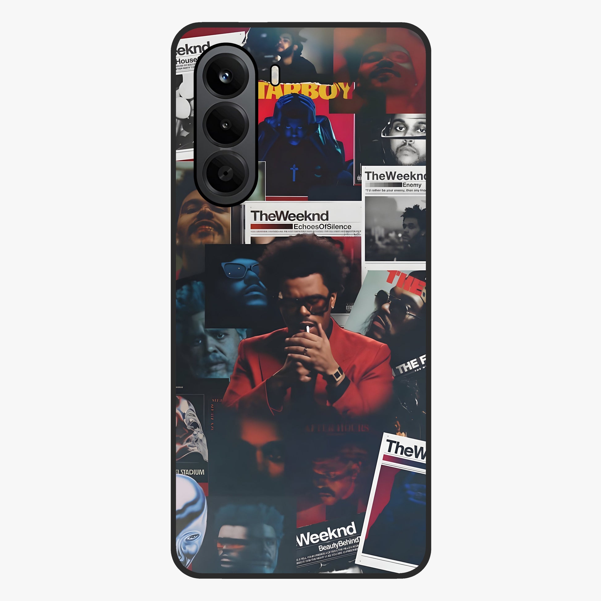 The Weeknd Glass Case showing flat back view with music inspired artistic portrait artwork and glossy glass finish.