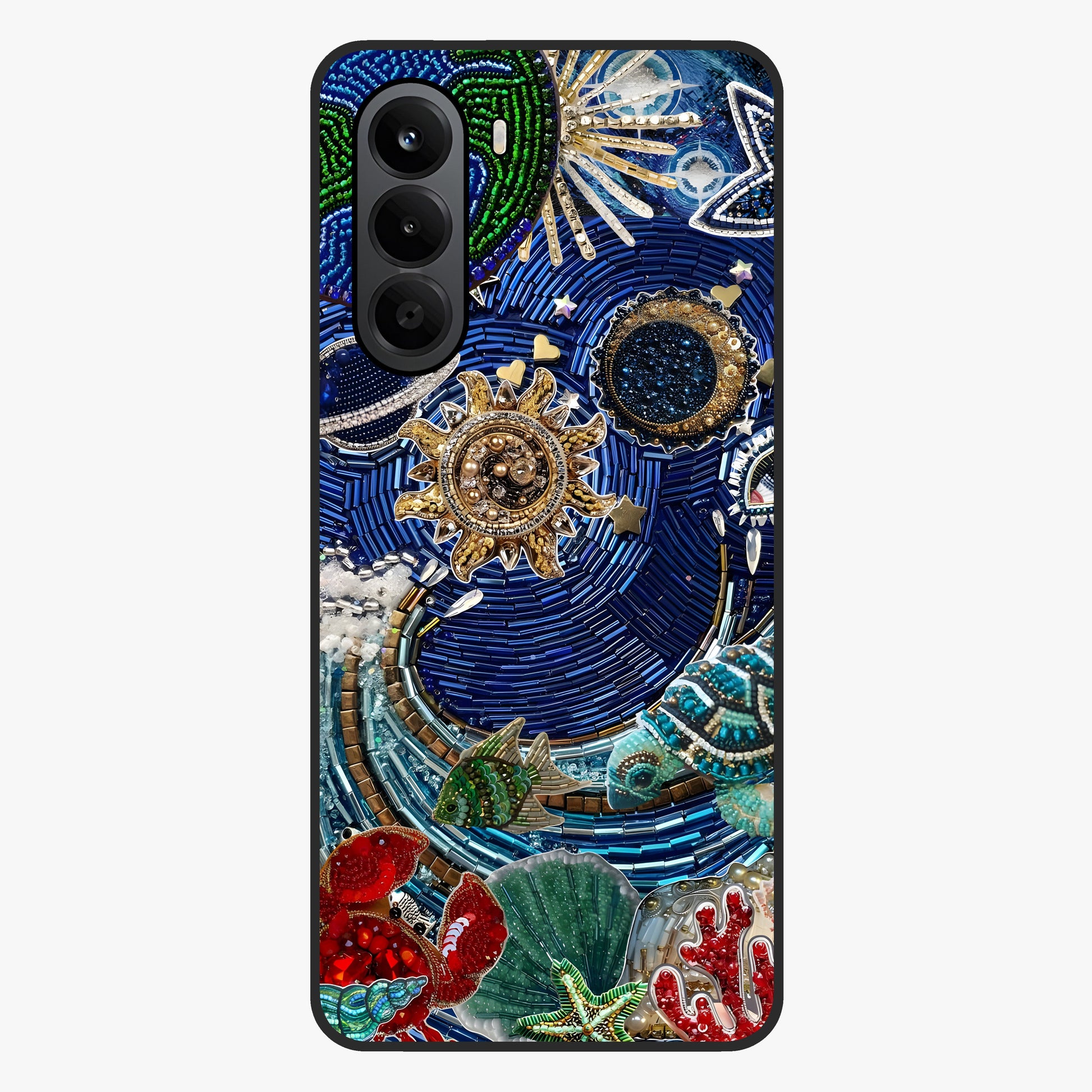 Universe Underwater Spark Glass Case showing flat back view with cosmic underwater themed artwork and glossy glass finish.