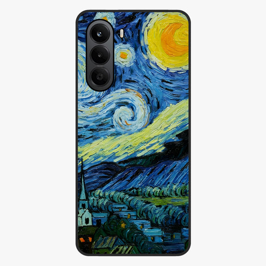 Van Gogh Art Glass Case showing flat back view with classic painterly artwork inspired by Van Gogh style and glossy glass finish.