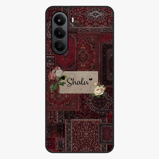 Velvet Wine Pattern Custom Name Glass Case showing flat back view with elegant wine colored pattern artwork and personalized name design.