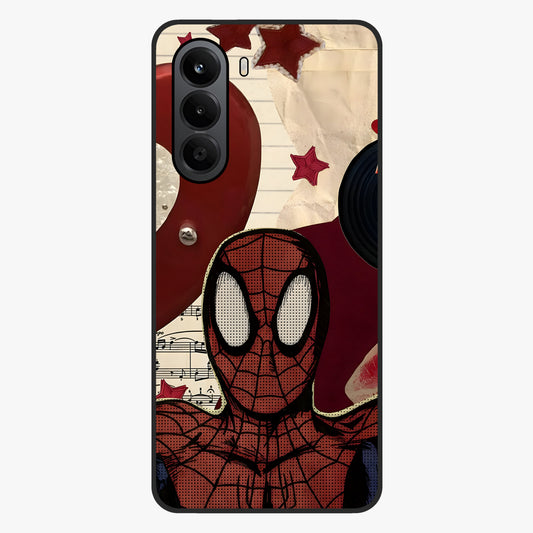 Web Warrior Vibes Glass Case showing flat back view with superhero inspired web themed artwork and glossy glass finish.