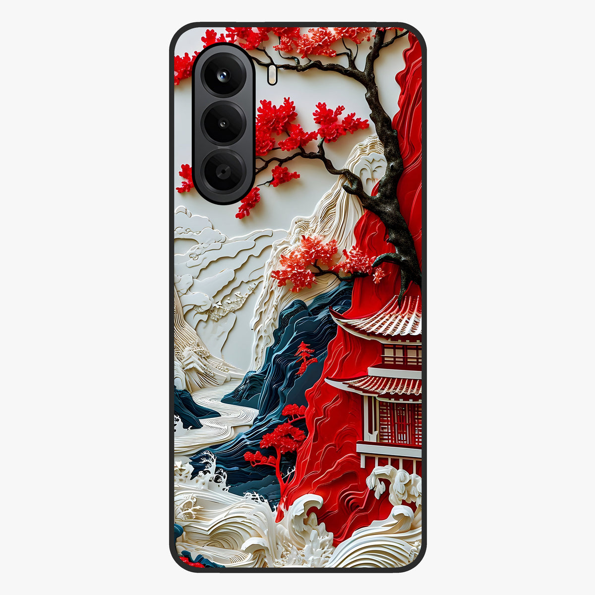 Whispers Of Sakura Waves Glass Case showing flat back view with cherry blossom wave artwork and glossy glass finish.