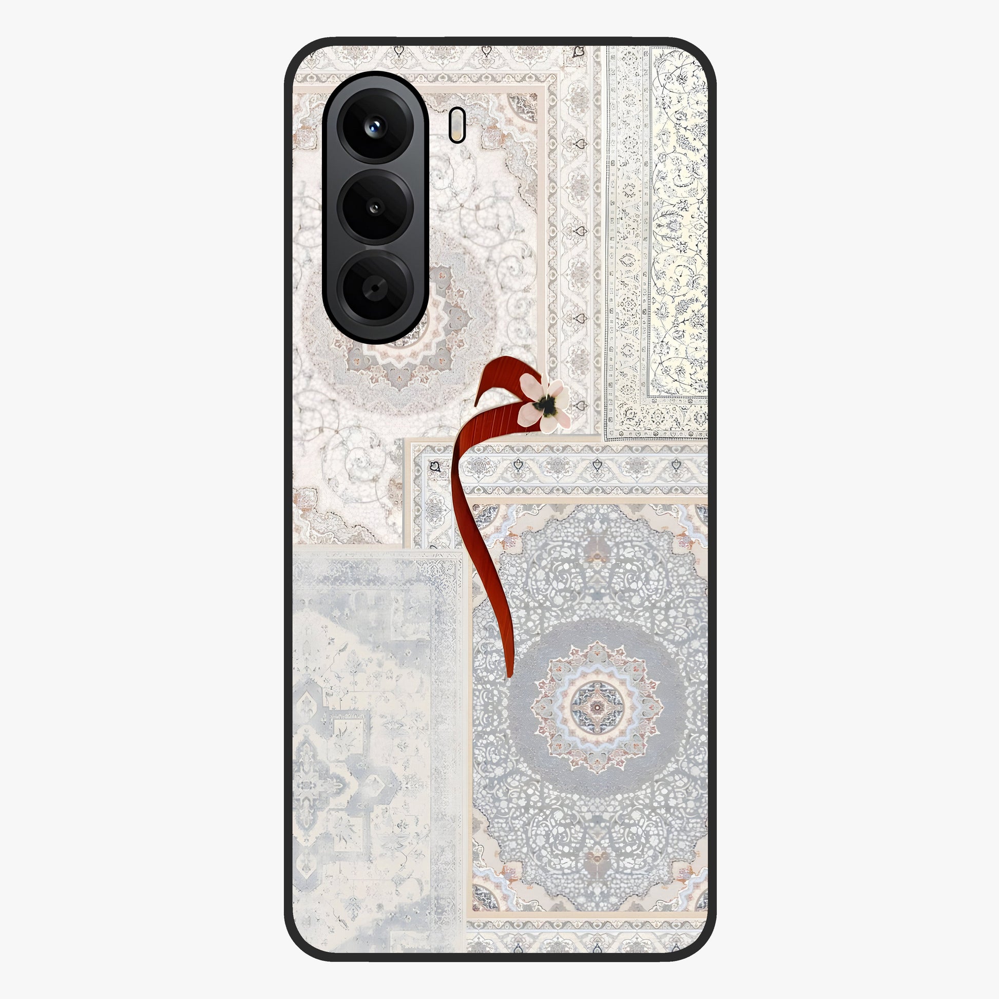 White Aesthetic Bow Glass Case showing flat back view with minimal bow artwork and glossy glass finish.
