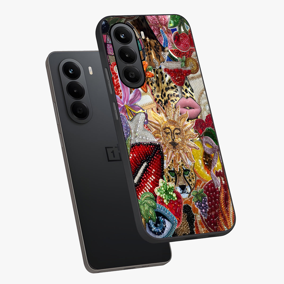 Beaded Fashion Jungle Glass Case displayed in angled mockup highlighting colorful fashion bead design and artistic pattern.