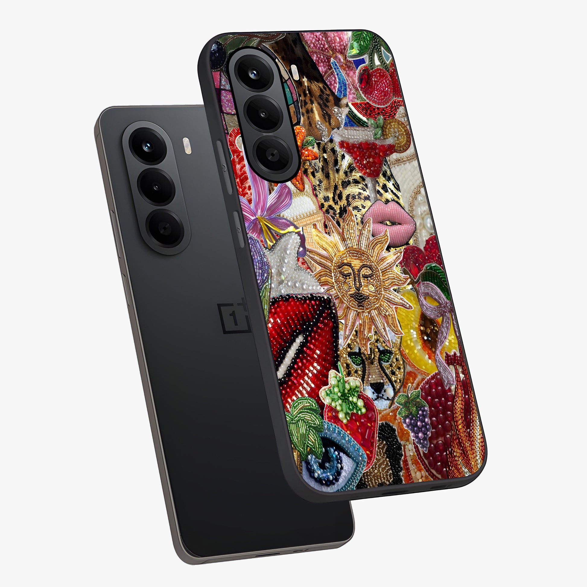 Beaded Fashion Jungle Glass Case displayed in angled mockup highlighting colorful fashion bead design and artistic pattern.