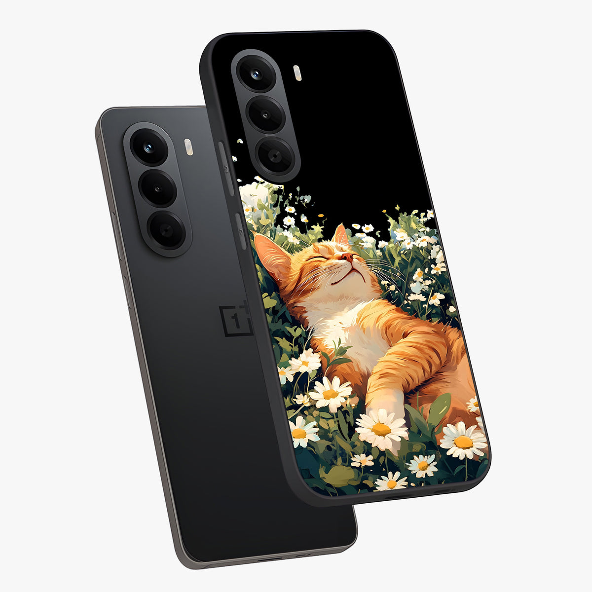 Blissful Bloom Cat Glass Case displayed in angled mockup highlighting playful feline illustration with soft floral aesthetic.
