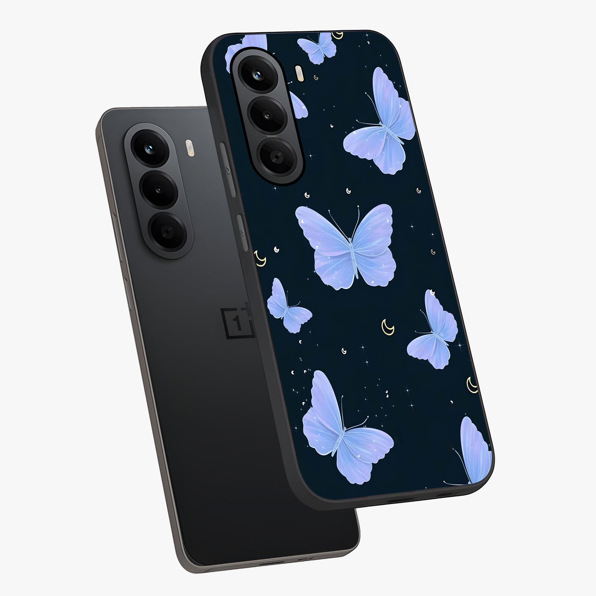 Butterfly With Stars Pattern Glass Case displayed in angled mockup highlighting dreamy butterfly and star design with aesthetic theme.