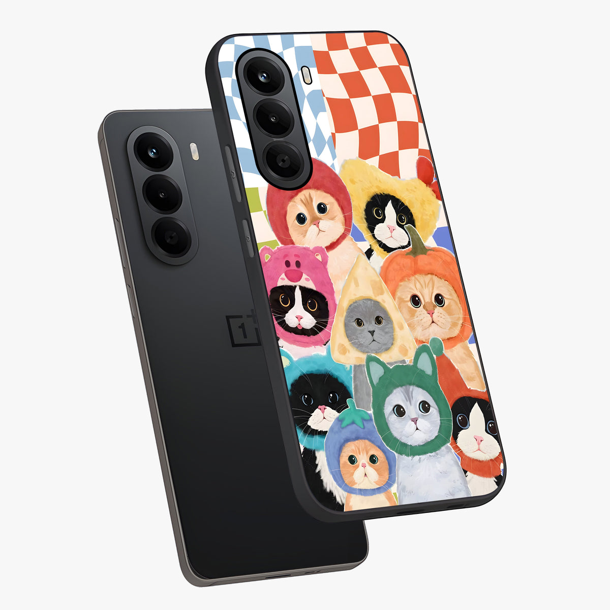 Cats in Fruits Glass Case displayed in angled mockup highlighting cute feline fruit design with colorful aesthetic style.