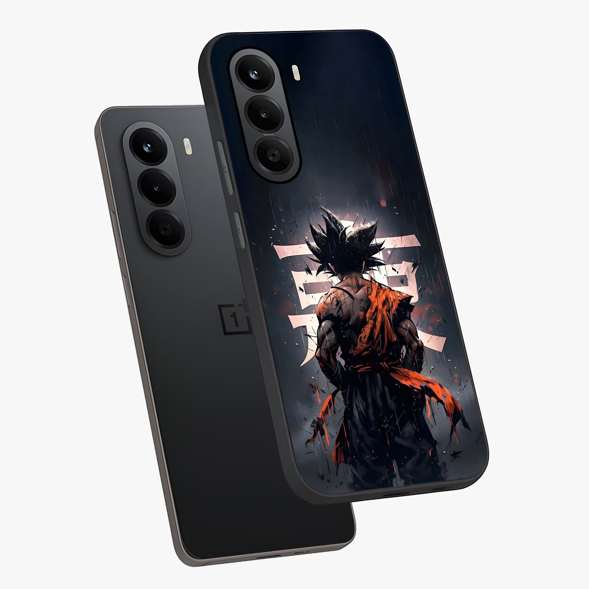 Dark Warrior In Rain Glass Case displayed in angled mockup highlighting dramatic warrior illustration with dark rain aesthetic.