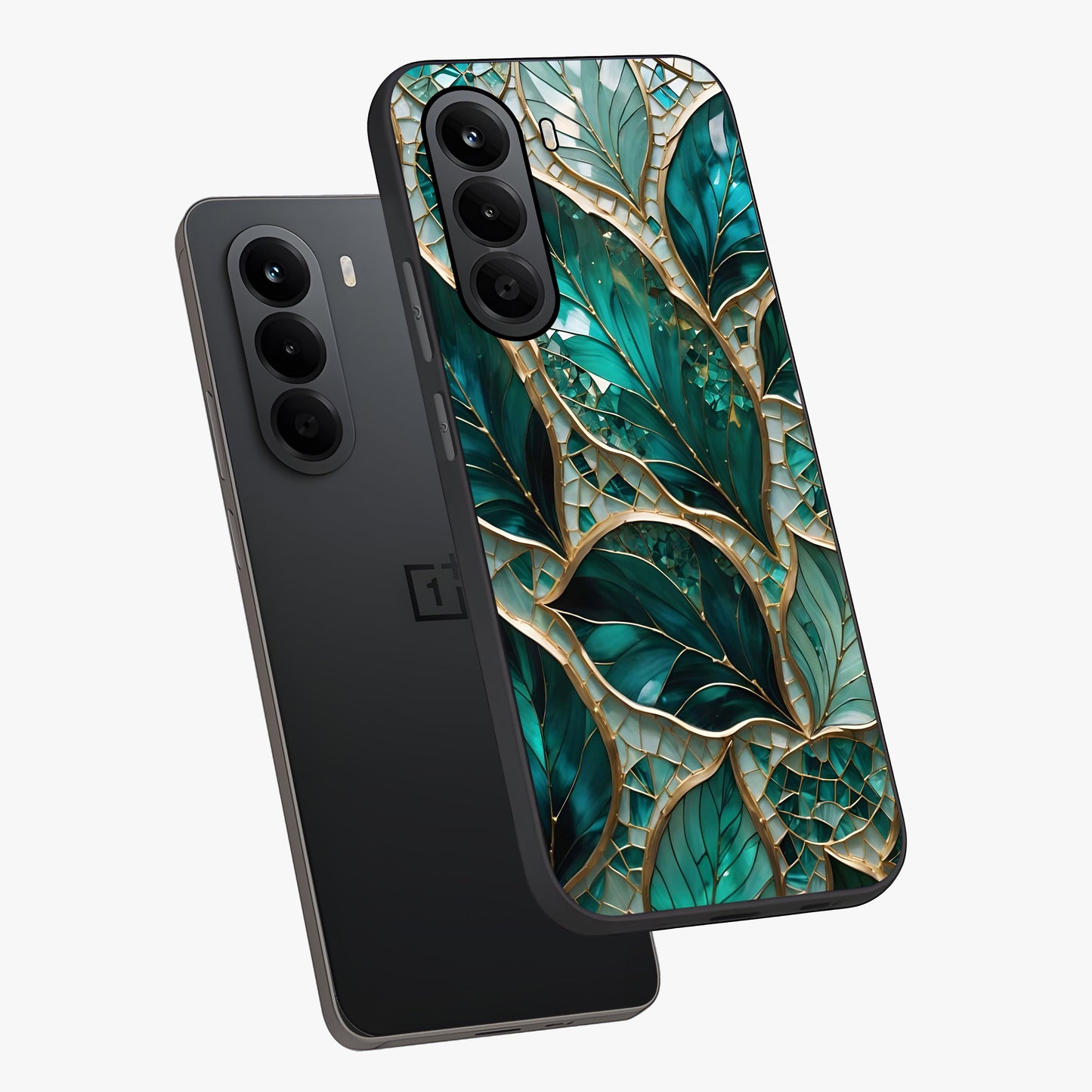 Emerald Leaf Glass Glass Case displayed in angled mockup highlighting botanical leaf illustration with elegant natural aesthetic.
