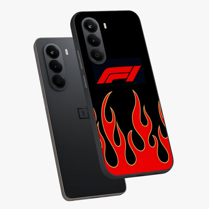 Fire F11 Glass Case displayed in angled mockup highlighting bold fire inspired graphic with energetic aesthetic style.