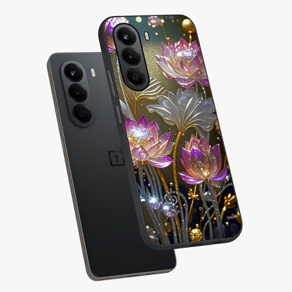 Golden Floral Majesty Glass Case displayed in angled mockup highlighting elegant flower design with royal golden aesthetic.