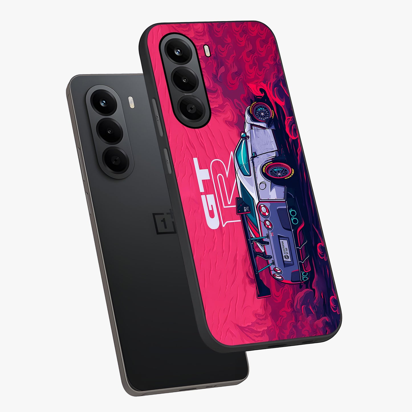 GT-R Car Pattern Glass Case displayed in angled mockup highlighting racing car graphic design with bold automotive aesthetic.
