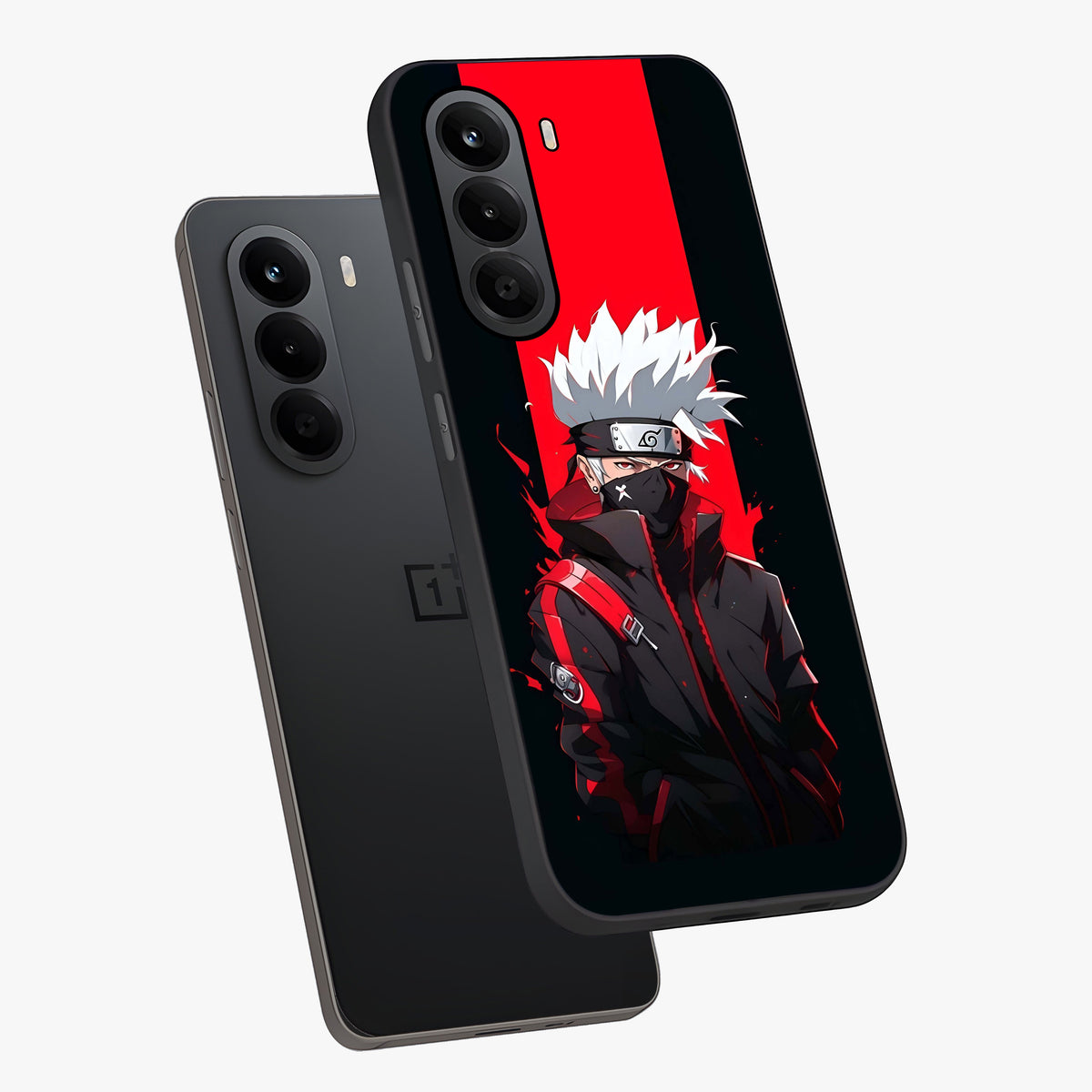 Kakashi Scarlet Shadow Glass Case displayed in angled mockup highlighting dramatic ninja illustration with scarlet themed aesthetic.