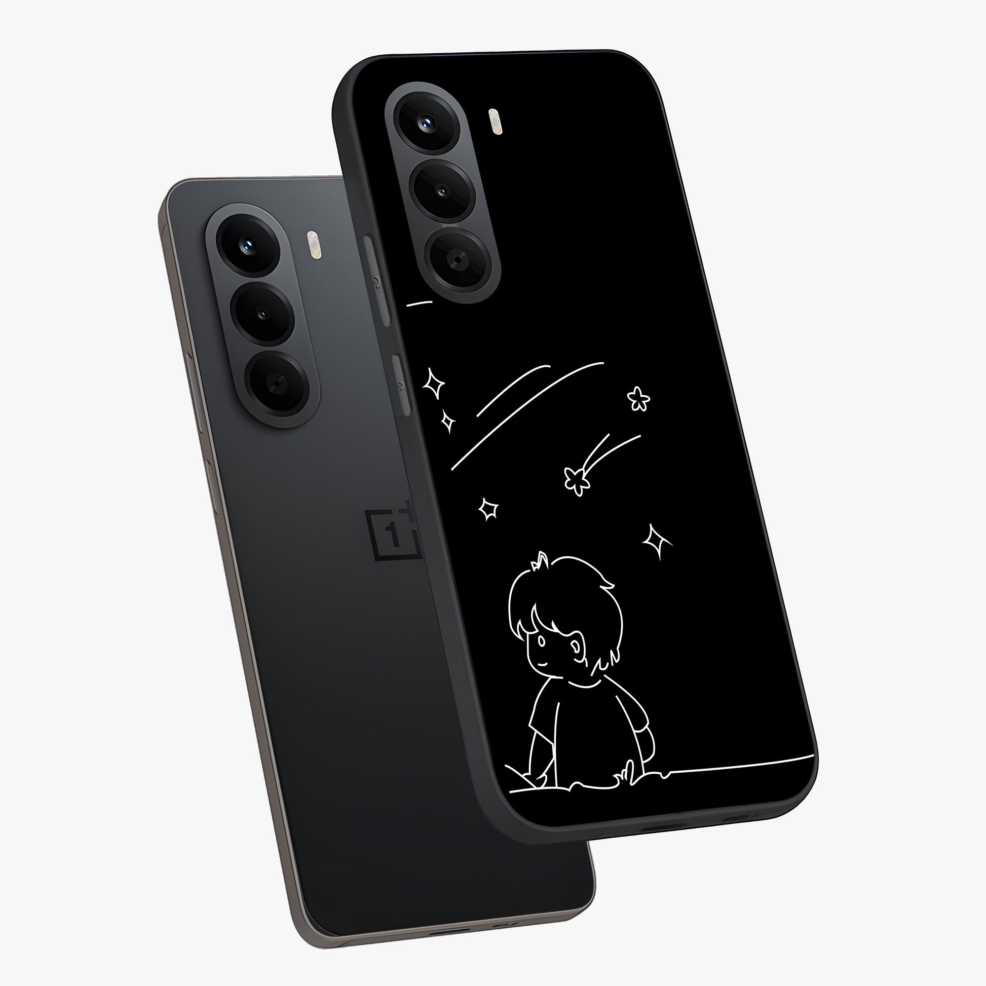 Line Art Boy With Shooting Stars Glass Case displayed in angled mockup highlighting elegant line art design with dreamy star aesthetic.