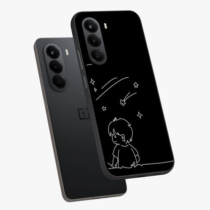 Line Art Boy With Shooting Stars Glass Case displayed in angled mockup highlighting elegant line art design with dreamy star aesthetic.