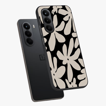 Monochrome Petal Dance Glass Case displayed in angled mockup highlighting elegant petal design with black and white aesthetic.