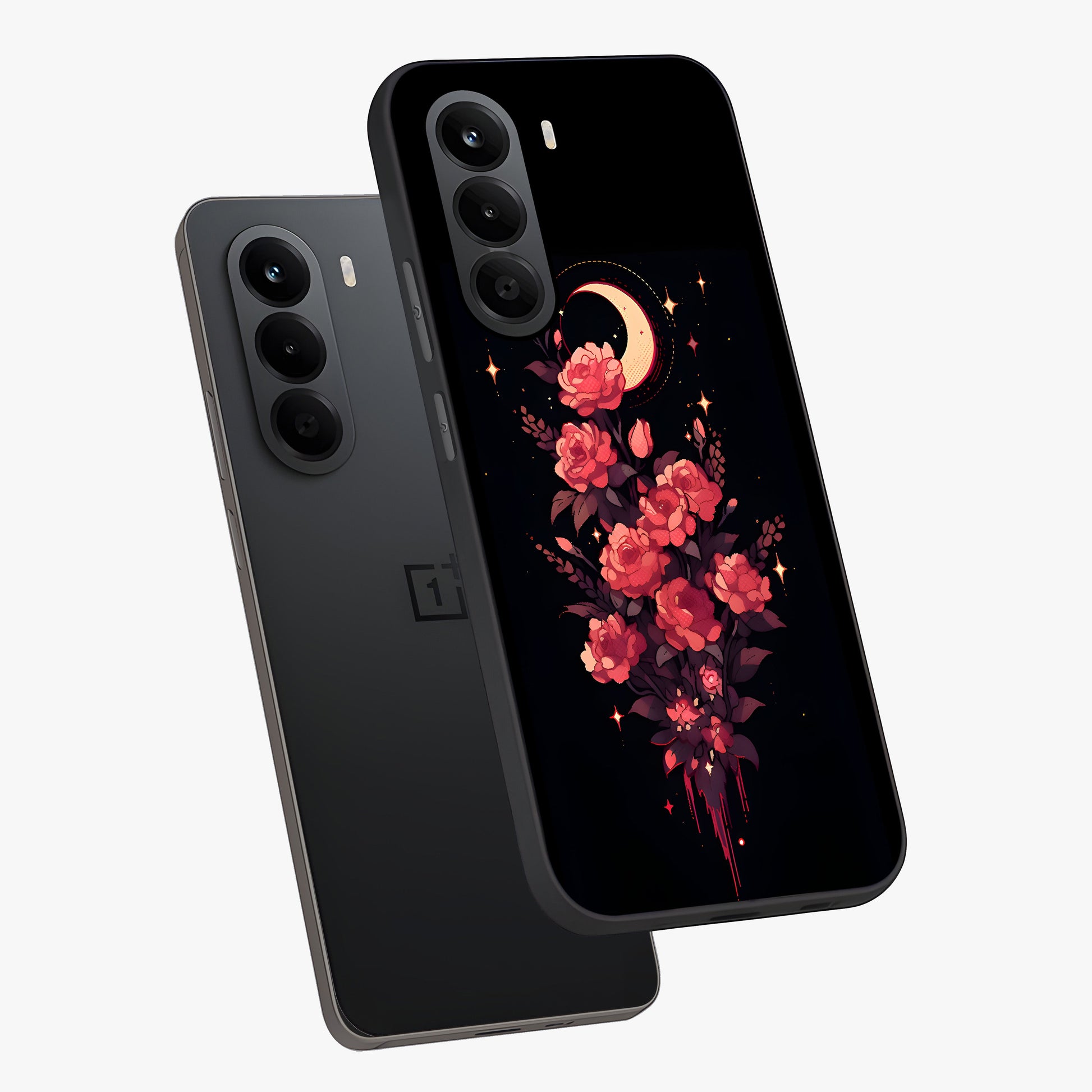 Moonlit Floral Elegance Glass Case displayed in angled mockup highlighting graceful flower design with soft moonlight aesthetic.