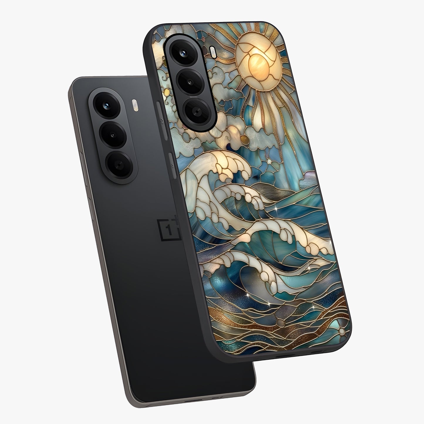 Oceanic Stained Printed Glass Case displayed in angled mockup highlighting colorful aquatic design with artistic aesthetic style.