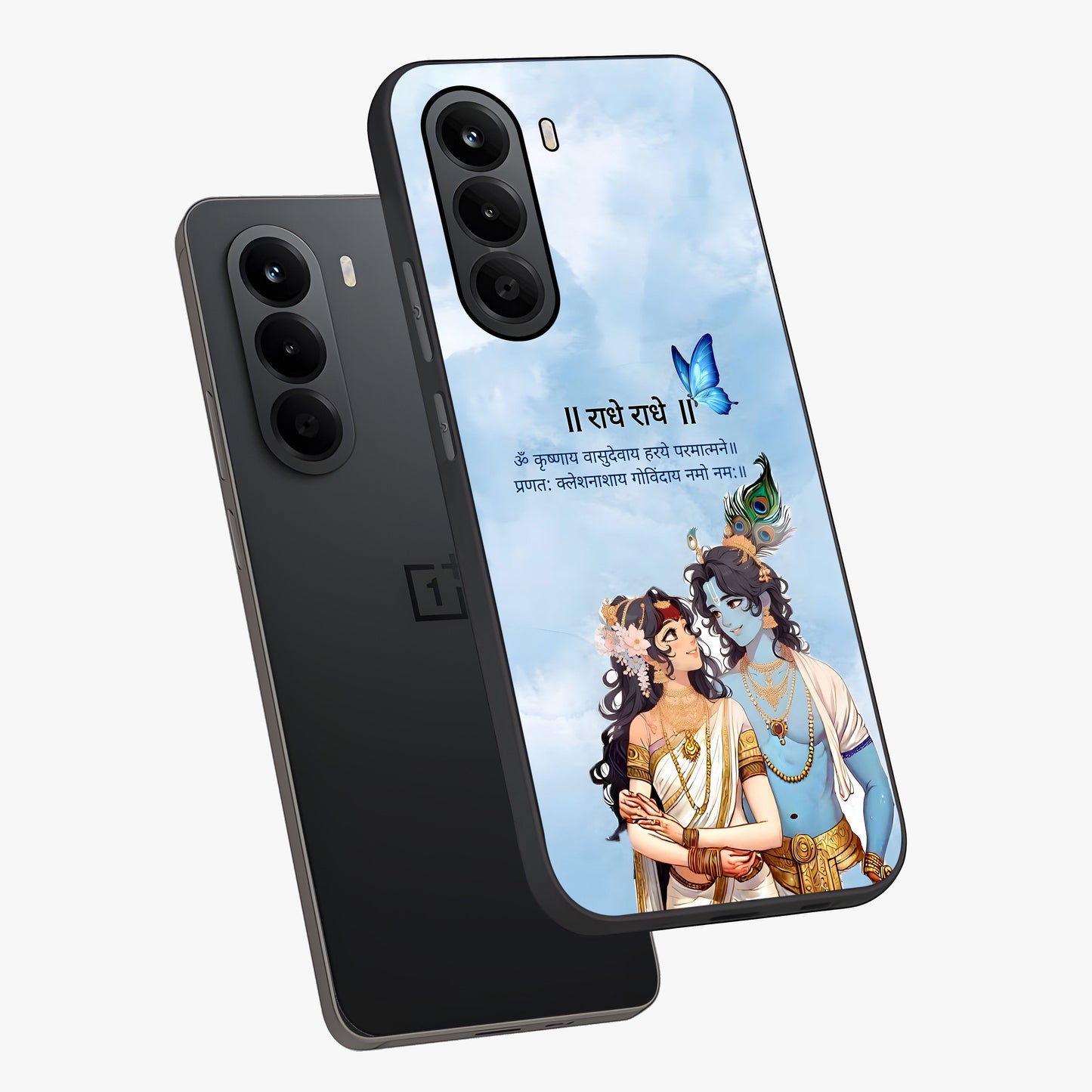 Radha Krishna Eternal Glass Case displayed in angled mockup highlighting divine Radha Krishna illustration with spiritual aesthetic.