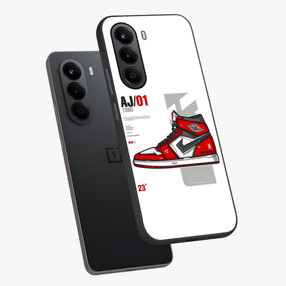 Retro Sneaker Blueprint Glass Case displayed in angled mockup highlighting detailed shoe design with sporty retro aesthetic.