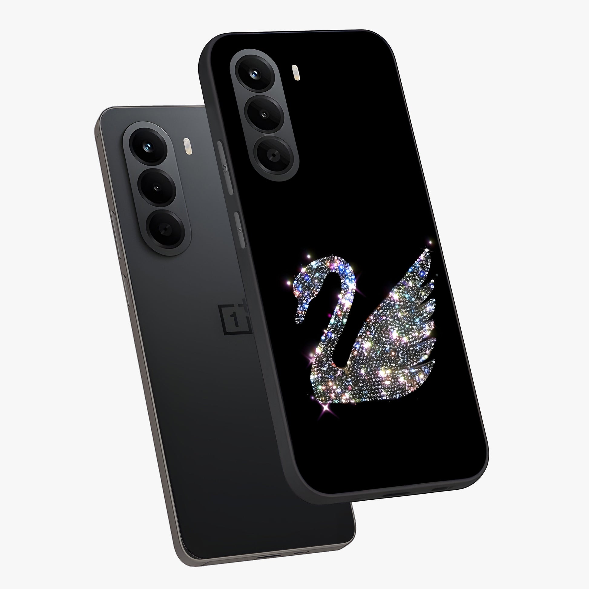 Starlit Swan Grace Glass Case displayed in angled mockup highlighting elegant swan illustration with dreamy celestial aesthetic.