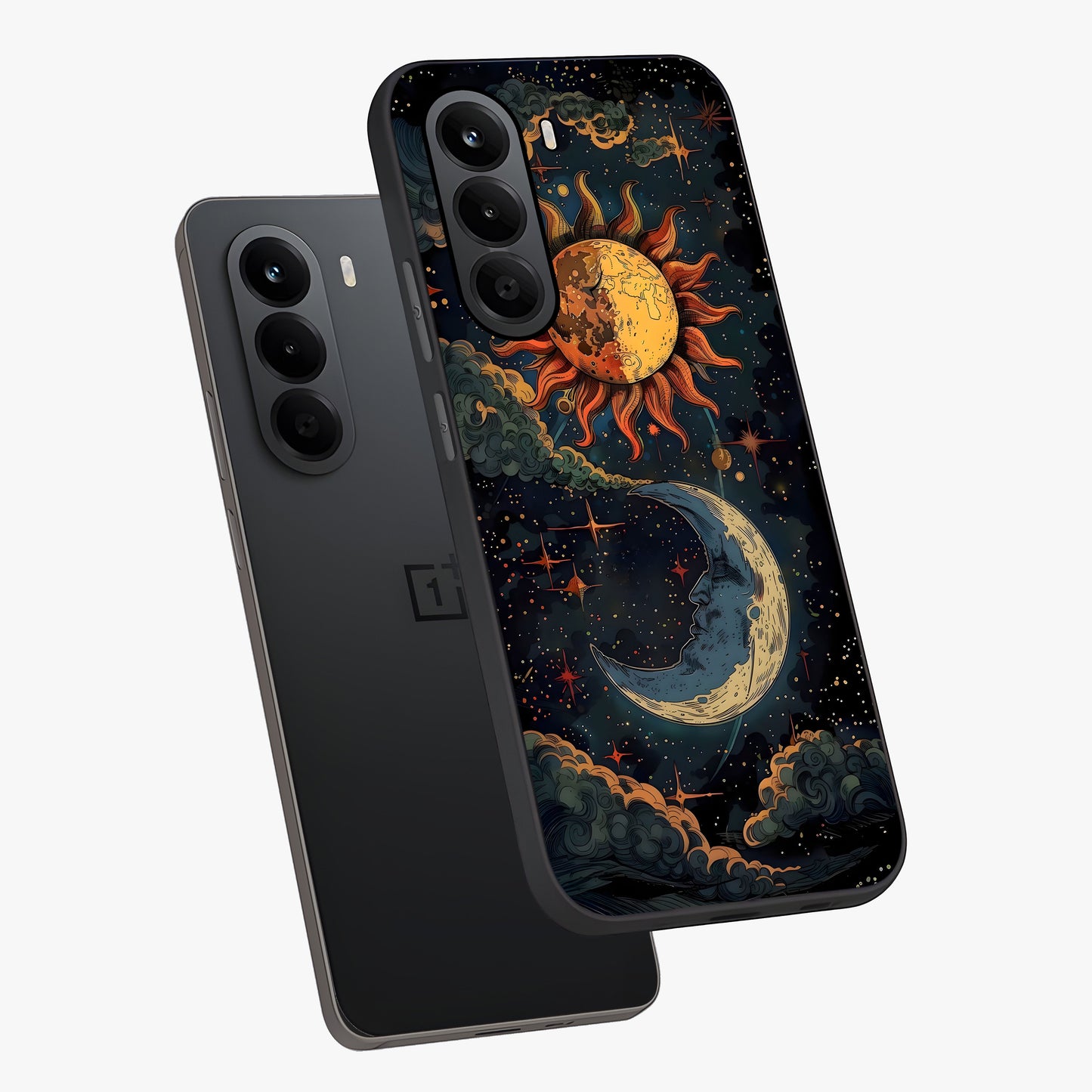 Sun And Moon Magic Design Glass Case displayed in angled mockup highlighting celestial design with magical cosmic aesthetic.