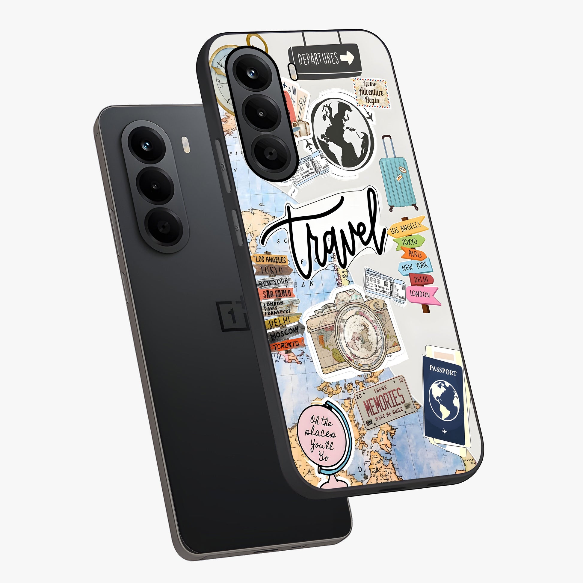 Wanderlust Journal Glass Case displayed in angled mockup highlighting adventure themed design with aesthetic travel vibe.