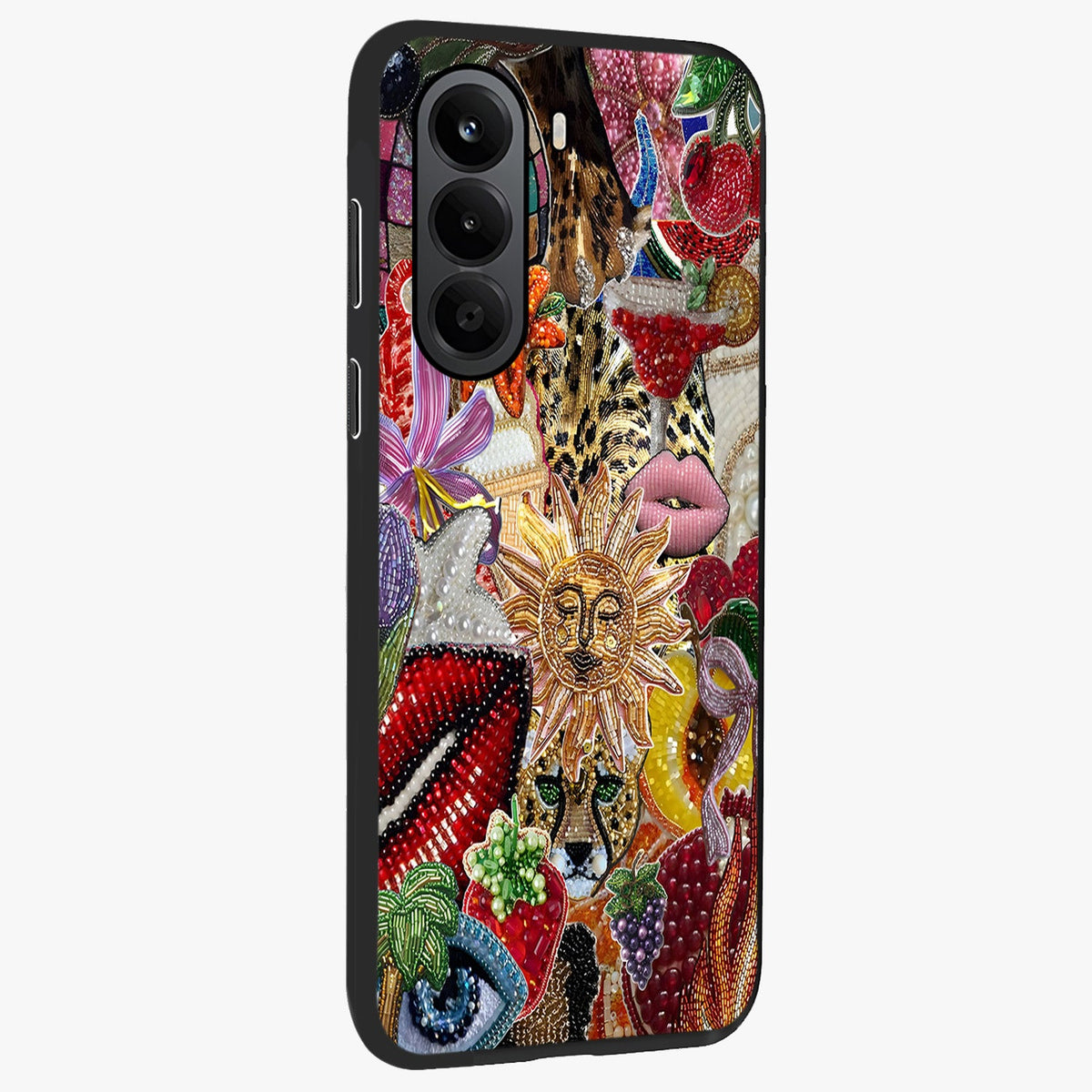 Beaded Fashion Jungle Glass Case upright view showcasing tropical jungle aesthetic with decorative bead elements.