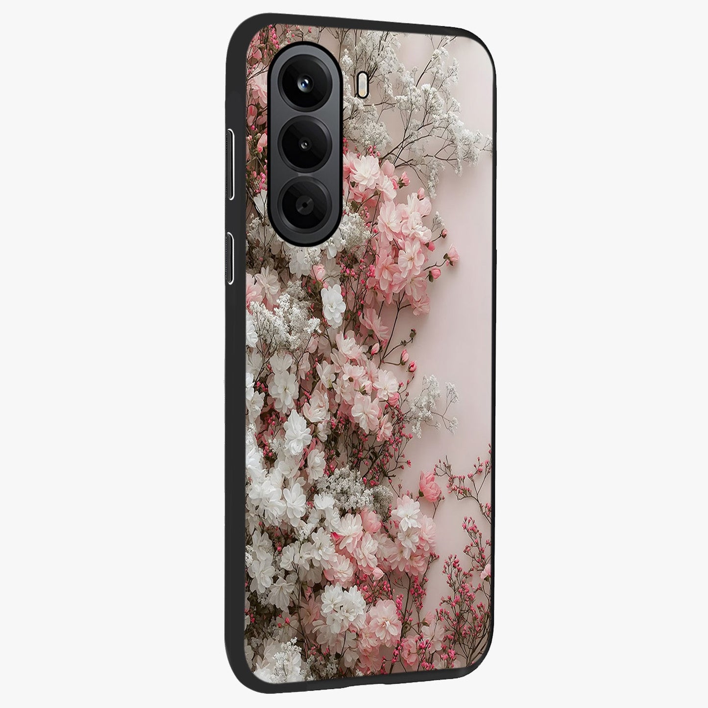 Blush Blossom Cloud Glass Case upright view showcasing calm floral cloud artwork with gentle dreamy theme.