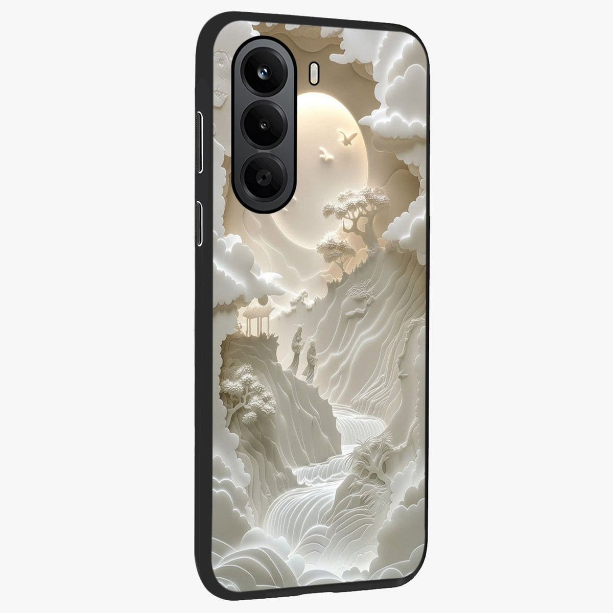 Celestial Origami Glass Case upright view showcasing creative origami artwork with modern celestial style.