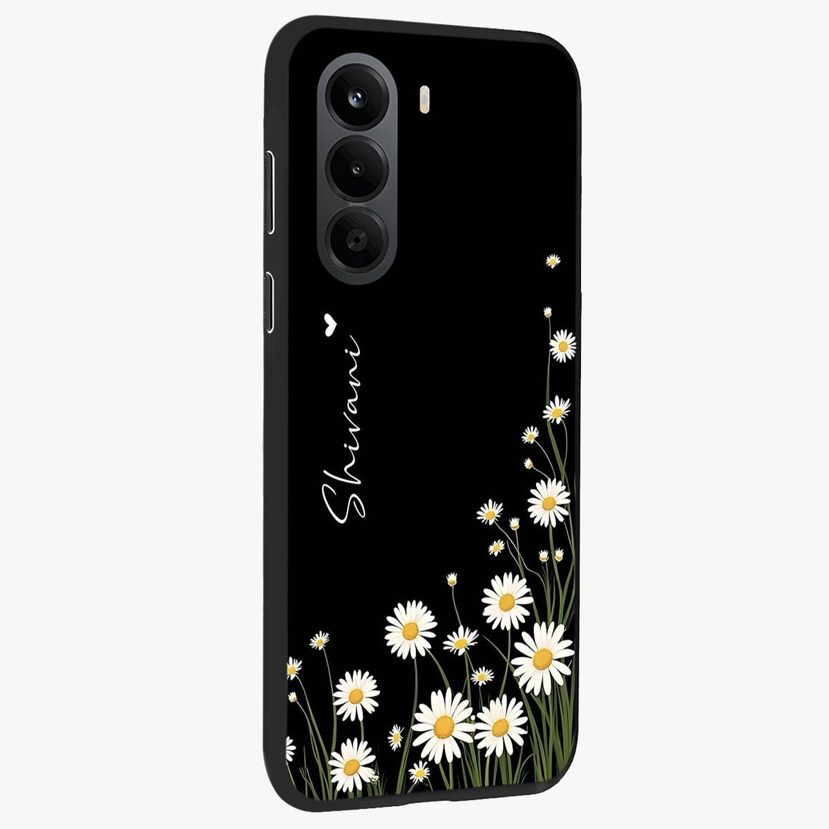 Daisy Cascade Custom Name Glass Case upright view showcasing elegant floral cascade design with personalized aesthetic.