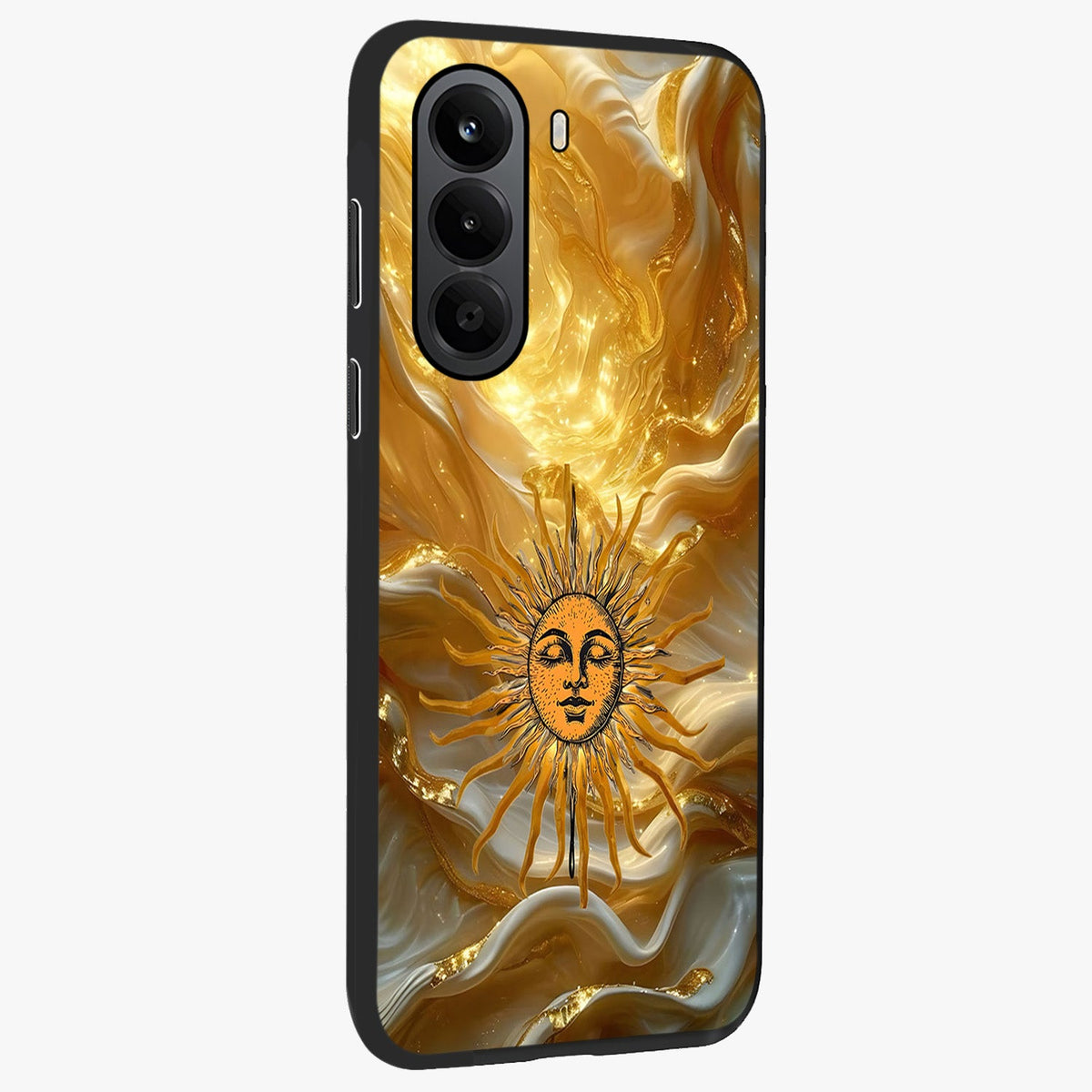 Eternal Golden Glow Glass Case upright view showcasing luminous golden artwork with luxurious visual theme.