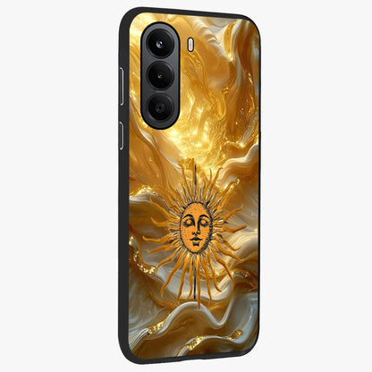 Eternal Golden Glow Glass Case upright view showcasing luminous golden artwork with luxurious visual theme.