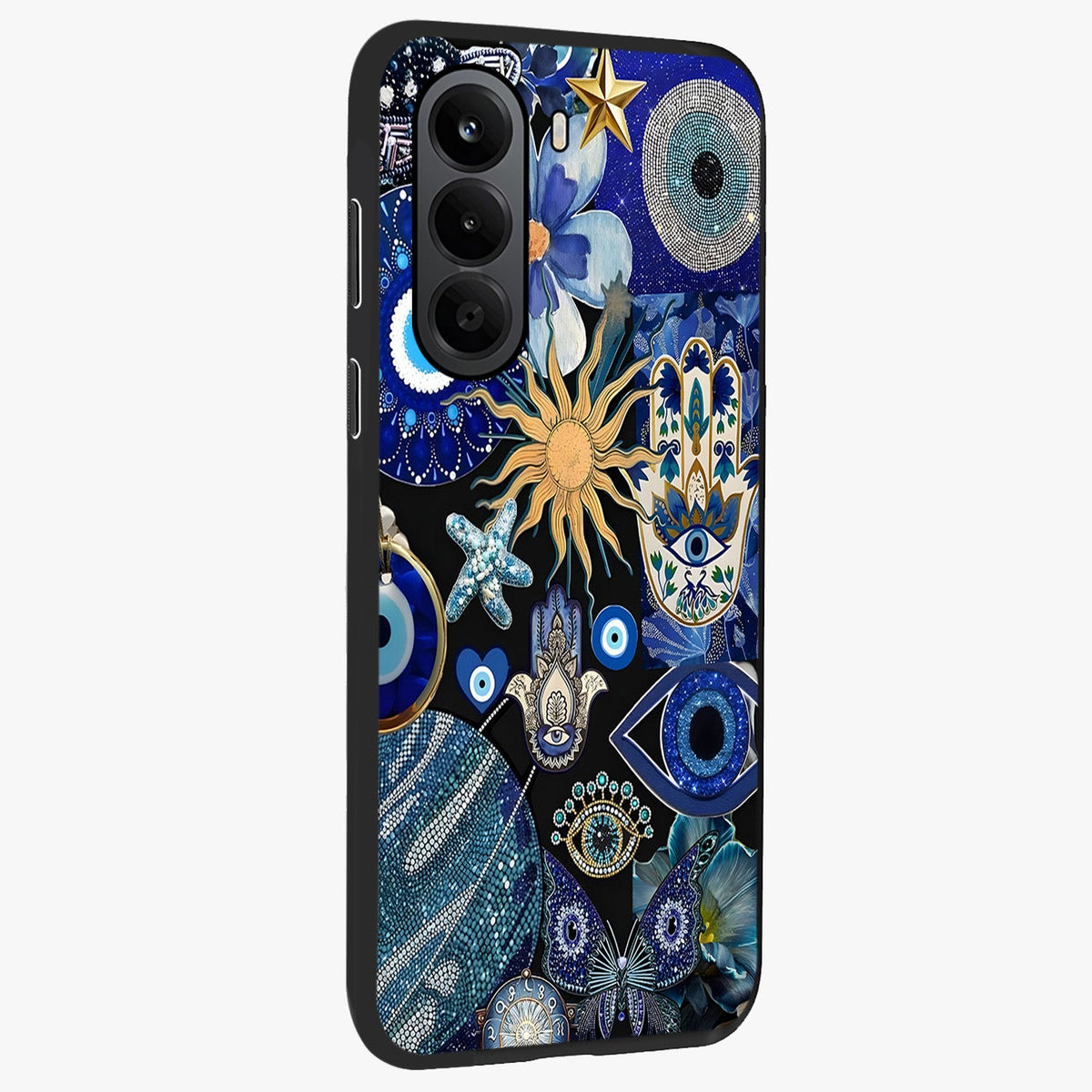 Evil Eye Charm Mix Glass Case upright view showcasing mystical evil eye pattern with vibrant decorative style.