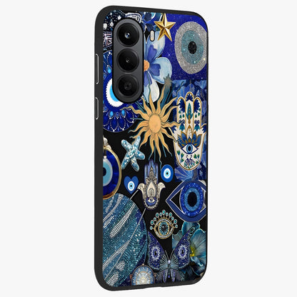 Evil Eye Charm Mix Glass Case upright view showcasing mystical evil eye pattern with vibrant decorative style.