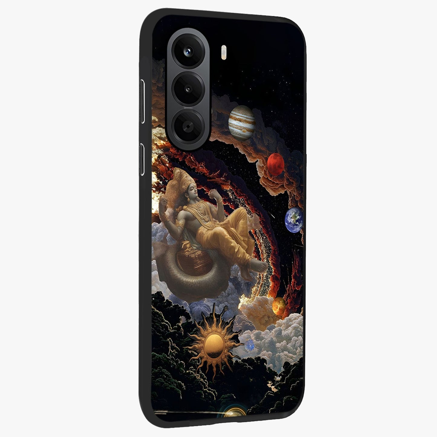 Galactic Divine God Glass Case upright view showcasing mystical divine artwork with dramatic cosmic theme.