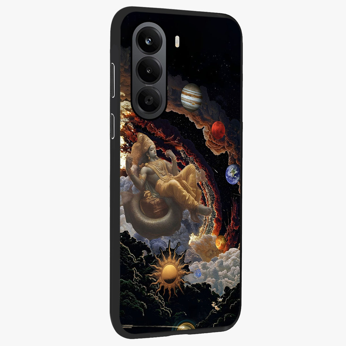 Galactic Divine God Glass Case upright view showcasing mystical divine artwork with dramatic cosmic theme.