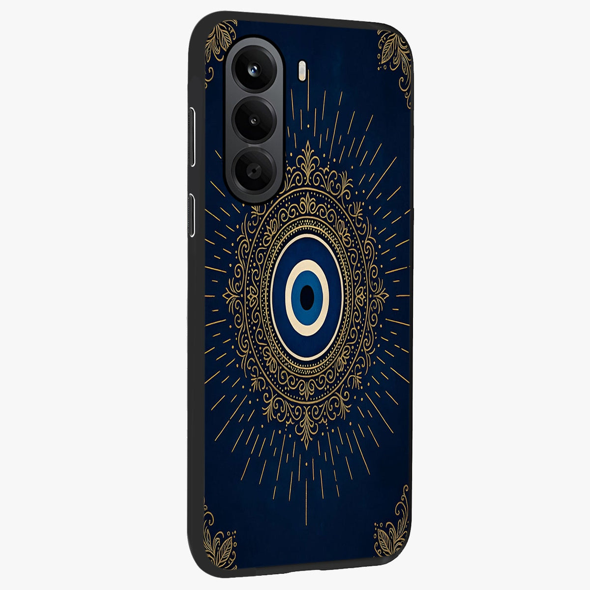 Golden Celestial Charm Glass Case upright view showcasing radiant celestial artwork with elegant golden theme.