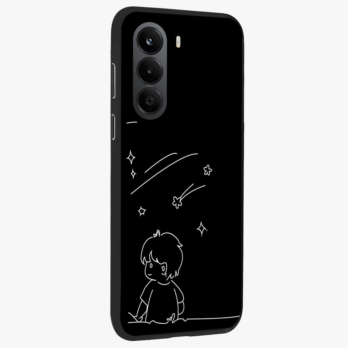 Line Art Boy With Shooting Stars Glass Case upright view showcasing artistic shooting star illustration with minimal style.