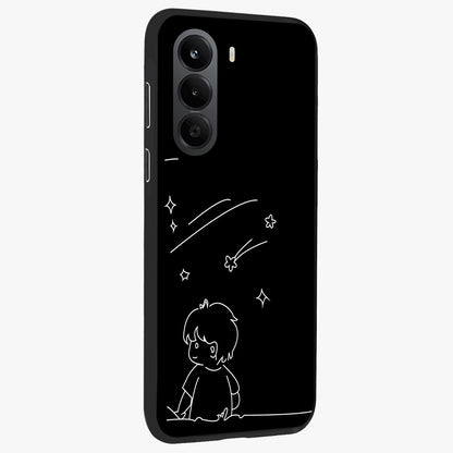 Line Art Boy With Shooting Stars Glass Case upright view showcasing artistic shooting star illustration with minimal style.