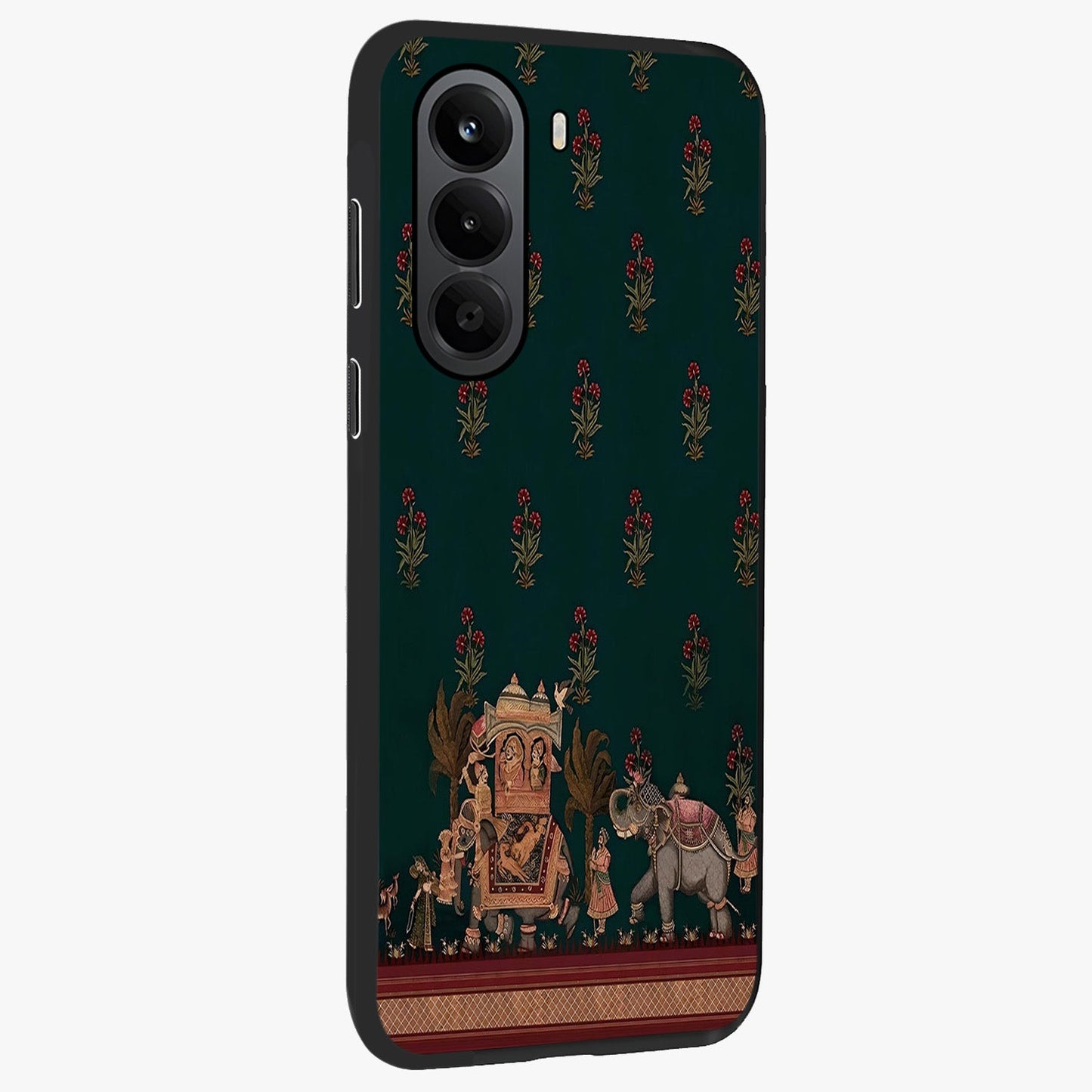 Macmerise Glass Case upright view showcasing bold artistic artwork with contemporary design theme.