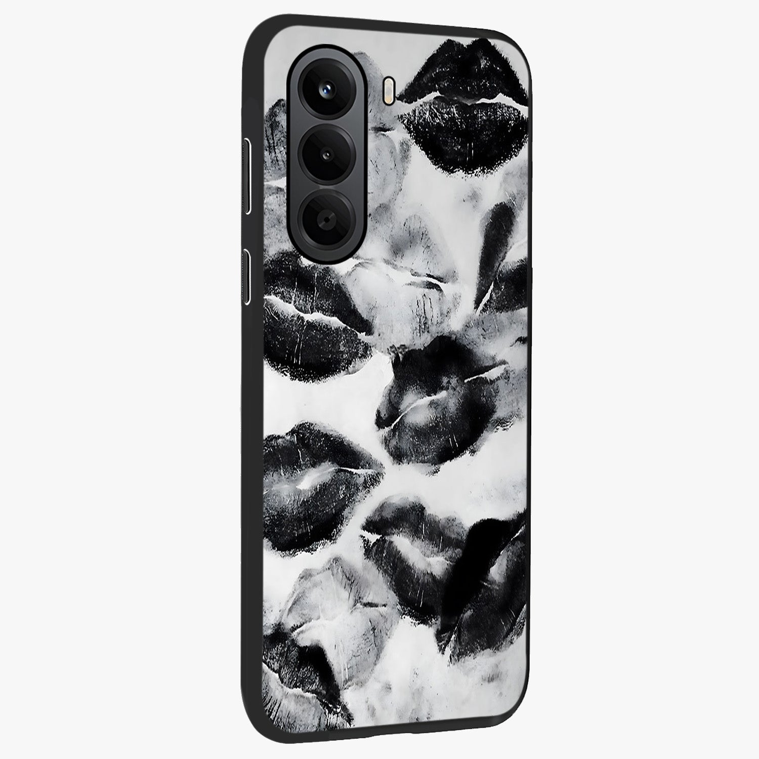 Midnight Kiss Marks Glass Case upright view showcasing stylish kiss mark artwork with trendy romantic theme.