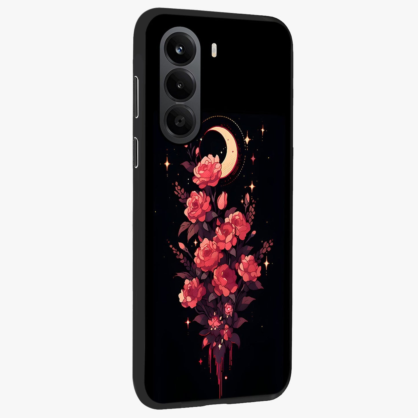 Moonlit Floral Elegance Glass Case upright view showcasing delicate floral artwork with refined night inspired theme.
