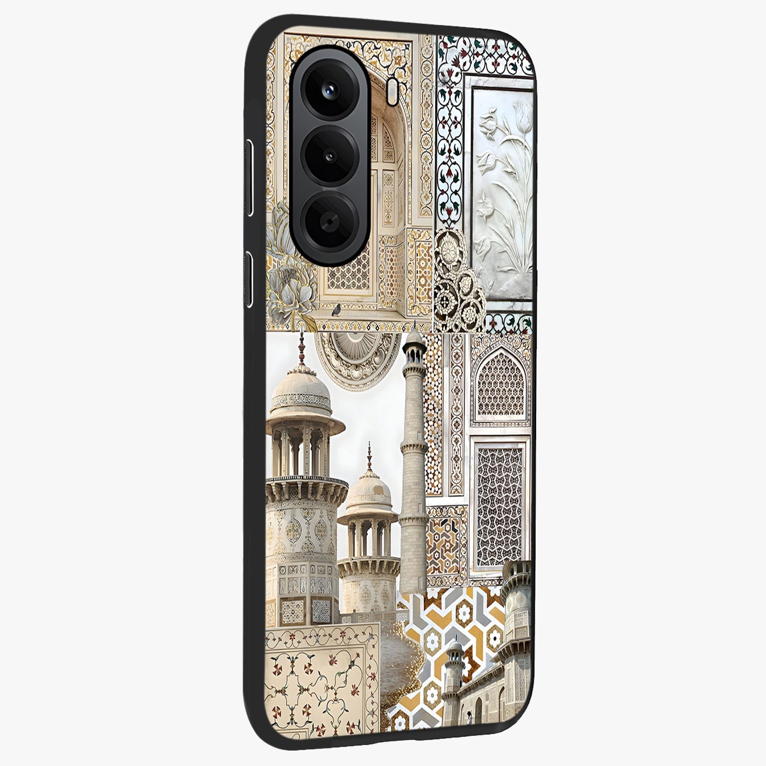 Mughal Marble Legacy Glass Case upright view showcasing ornate Mughal design with luxurious traditional theme.